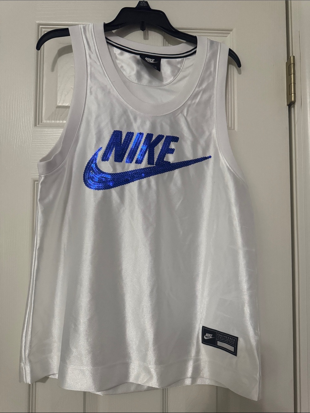 Nike White Ladies Tank with Blue Sequin Swoosh